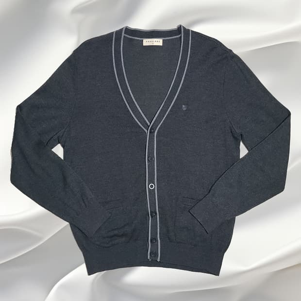 파크랜드 정품 울 혼방 배색 V넥 차콜 가디건 (95)