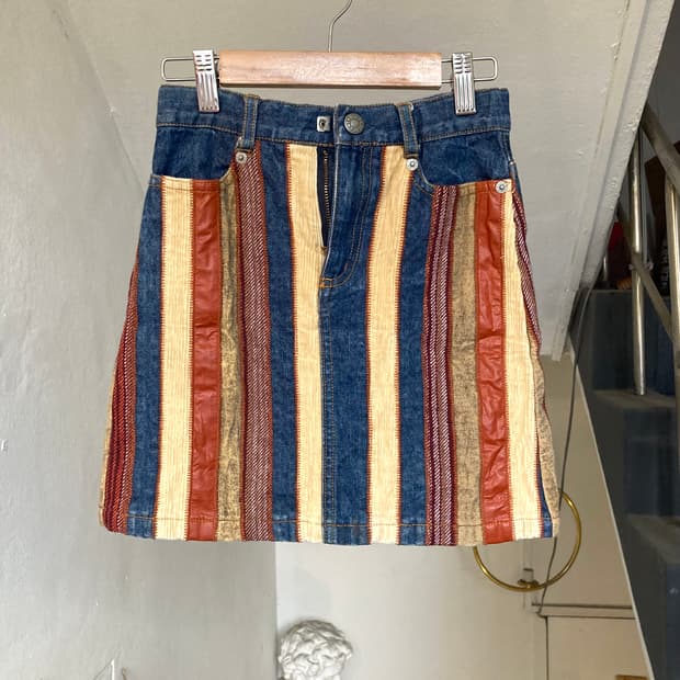*KIDS* 에스닉 스트라이프 패치 데님 스커트