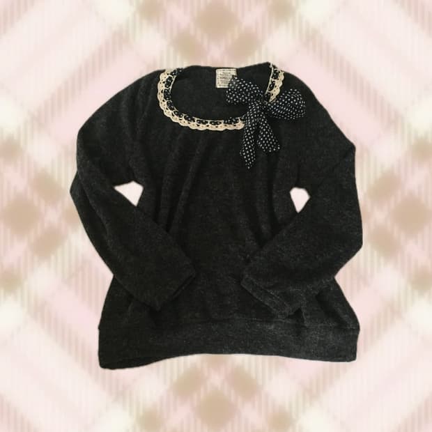 브라운 레이스 땡땡이 도트 리본 니트 라떼 히메 갸루 러블리 로걀 빈티지