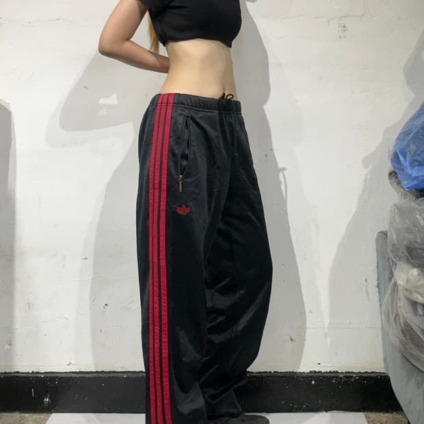 90s 아디다스 데상트 블랙 레드 삼선 와이드 팬츠 L