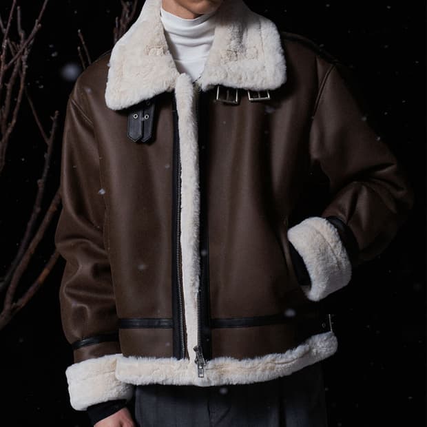 도프제이슨 하이넥 레더 무톤 자켓 무스탕 브라운