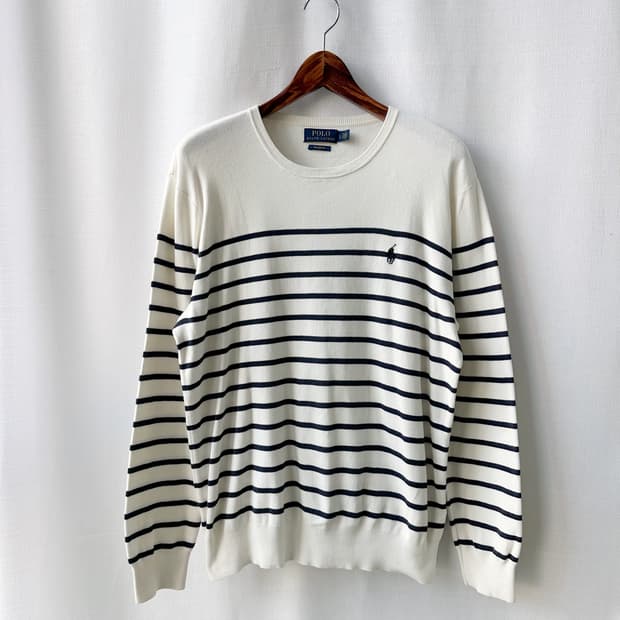 폴로 랄프로렌 피마 코튼 스트라이프 라운드 니트 화이트 네이비 L