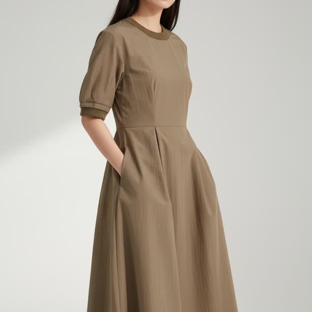 SJ SJ 라이트 브라운 반팔 A라인 플레어 롱 원피스 S