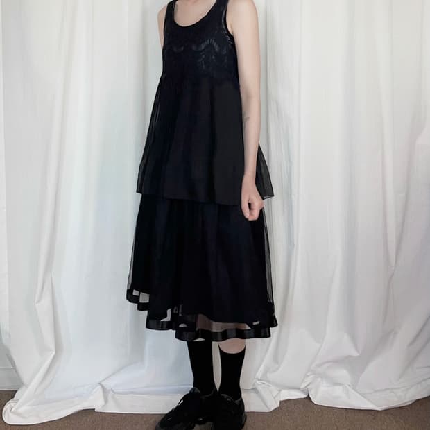 Ribbon Tulle Midi Skirt - Black