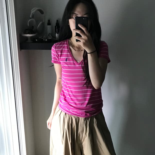 폴로 랄프로렌 포니 로고 스트라이프 브이넥 핑크 반팔티 