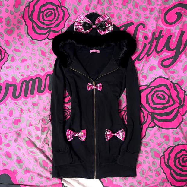 MA*RS마즈 블랙핑크 로즈체크 리본 퍼 후드집업 히메오네갸루 핀터109