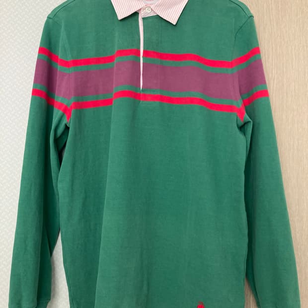 브룩스브라더스 그린 / 퍼플 스트라이프 럭비티 M