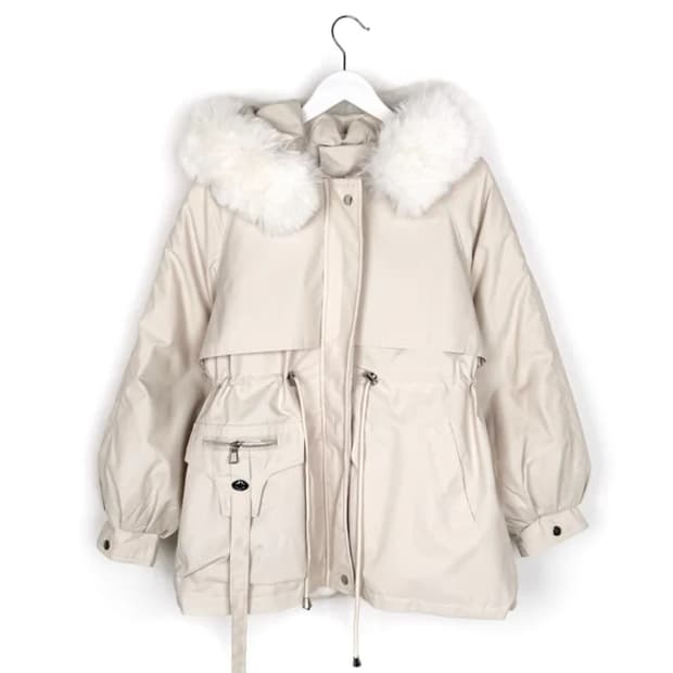 급처/새상품급)온마이원 윈터 퍼 버클 포켓 스트링 패딩 아이보리