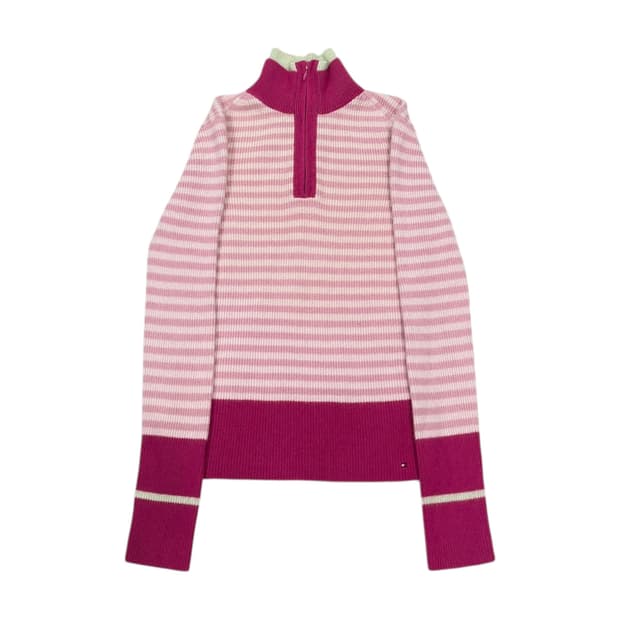 타미힐피거 빈티지 딱붙핏 스트라이프 핑크 울 니트 하프집업 XS