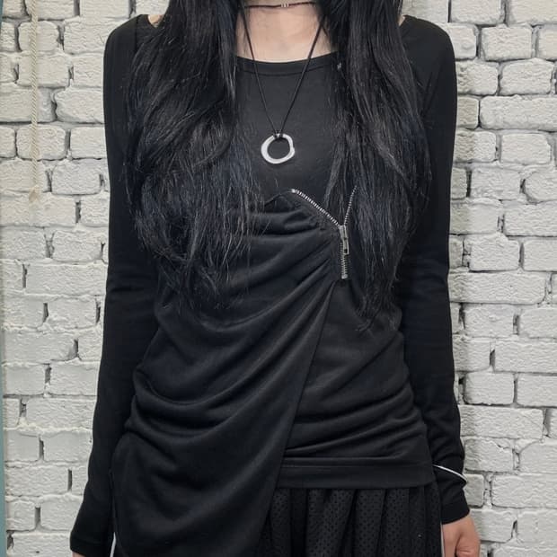Asymmetric Zip Shirring Long Sleeve Top