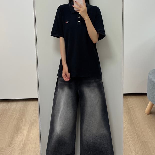 메종키츠네 트리컬러 폭스 패치 블랙 카라 반팔 티셔츠