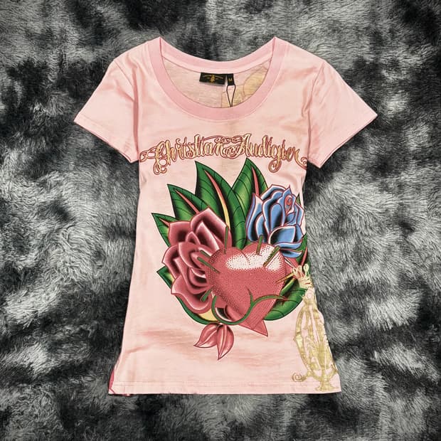 Christian Audigier 핑크 올드스쿨 프린팅 큐빅 반팔 티셔츠
