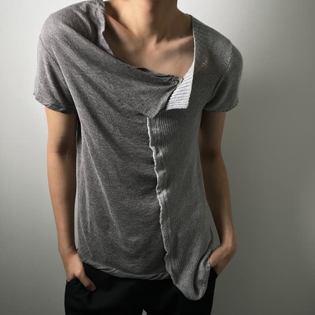 15ss 요지야마모토 비대칭 도킹 린넨 혼방 반팔 티셔츠 