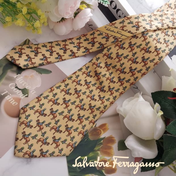 살바토레 페라가모 옐로우 실크 넥타이 9.6cm A+등급 K1244
