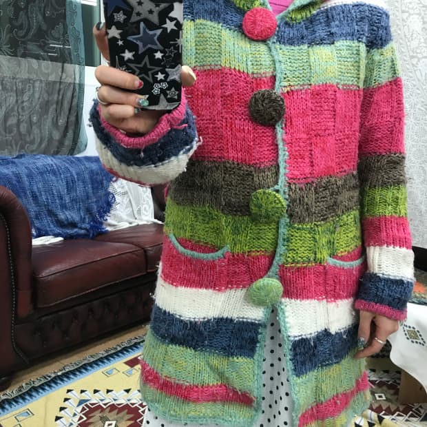 빈티지 왕버튼 스트라이프 니트 후드 가디건 