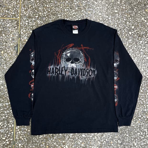 00s USA 할리데이비슨 스컬 롱슬리브 티셔츠 L