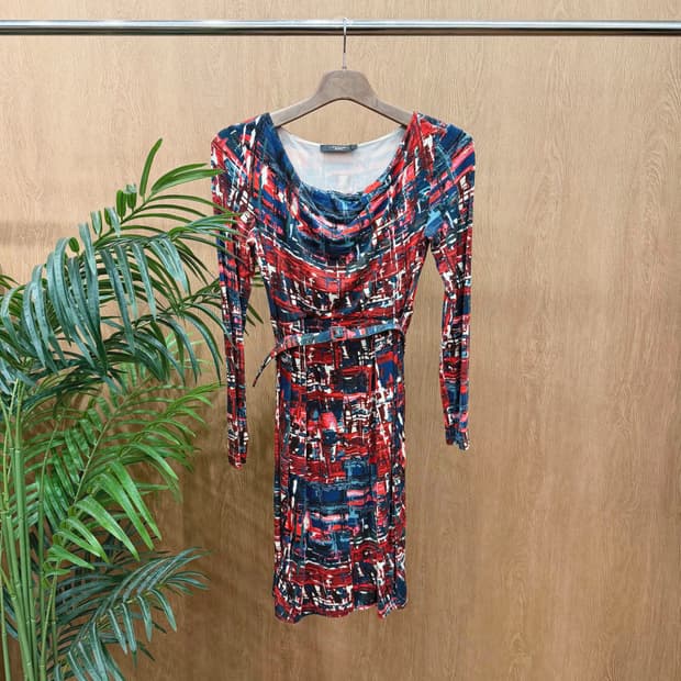 막스마라 위켄드 원피스 드레이프 넥 아트워크 프린팅 벨트 디테일 레드