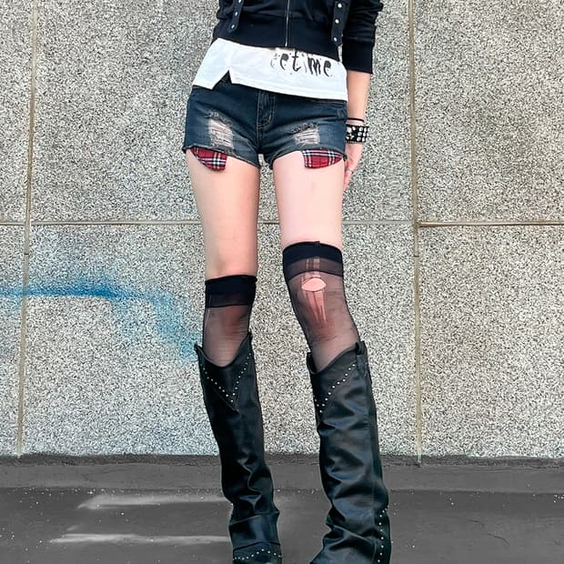 Plaid Repair Distressed Denim Shorts