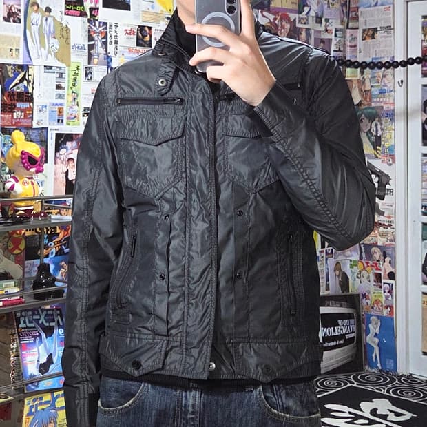 버커루 펑크 그레이 네이비 유광 레이어드 점퍼 