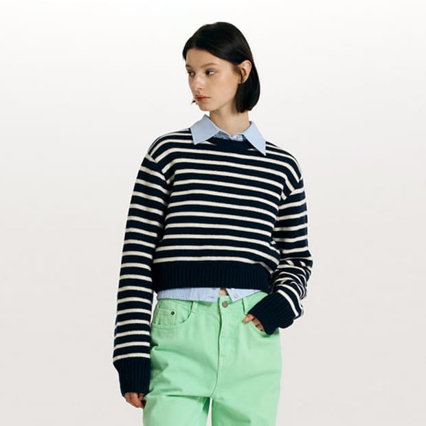 앤유(and you) 리버티 스트라이프 크롭 울니트 55-66 새상품