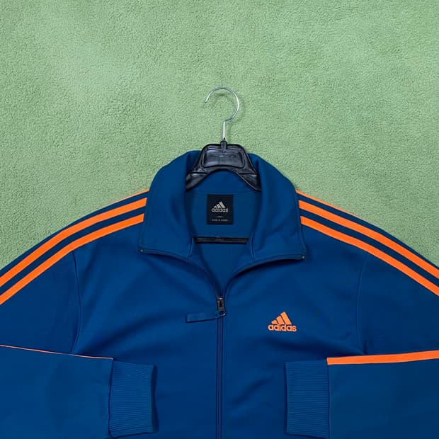 아디다스 청록 오렌지 삼각 로고 져지 집업