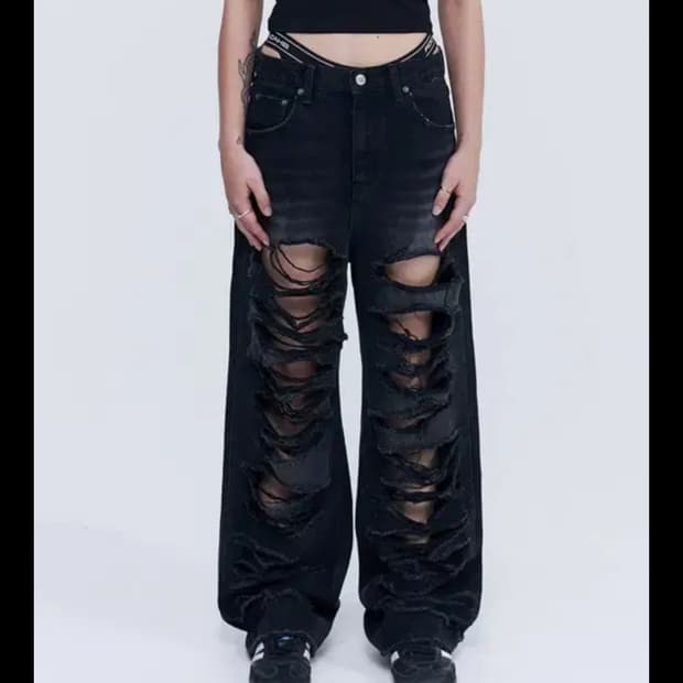 락케이크 피아 데미지 와이드 진 팬츠 블랙