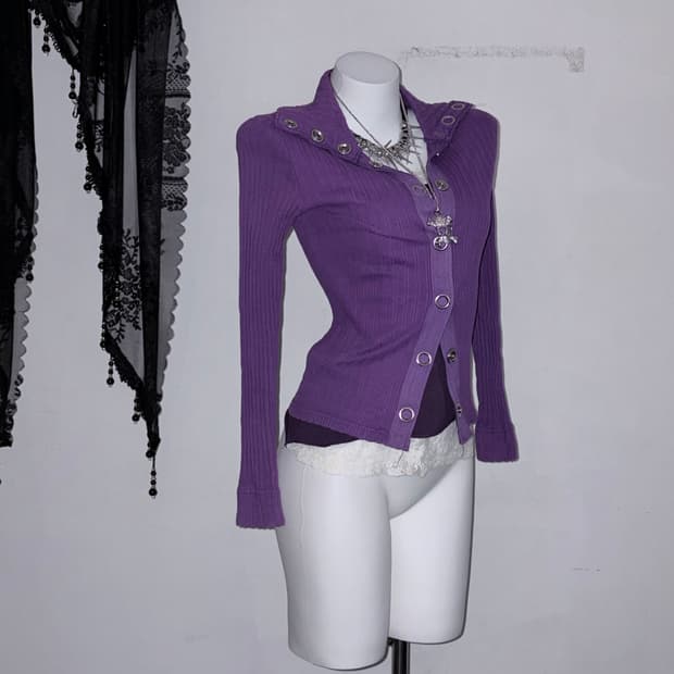 00s 빅 아일렛 버튼 퍼플 딱붙 골지 탑