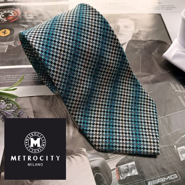 메트로시티 실크 블루&그린 자카드 넥타이 8.6cm A+등급 A18579