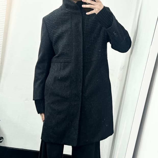 우영미 하이넥 헤링본 울 코트