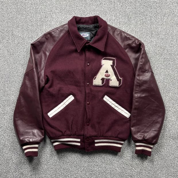 Usa Neff 리얼레더 버건디 풋볼 바시티 자켓