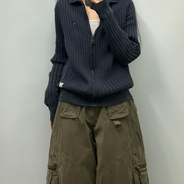 타미힐피거 자수로고 네이비 골지 니트 집업 가디건