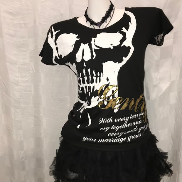 JPN Vintage 고스펑크 고딕 스컬 백 시스루 반팔