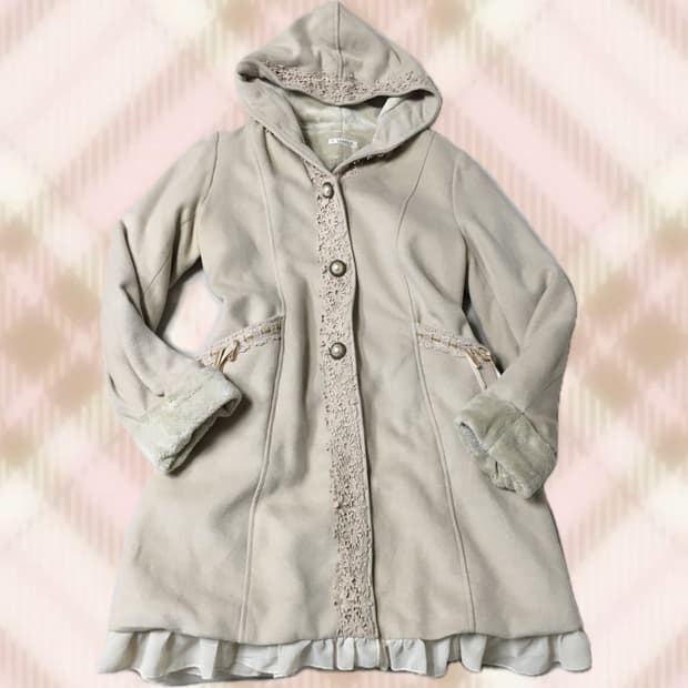 엑시즈팜 라떼 레이스 후드 코트 히메 갸루 러블리 로걀 모리 빈티지