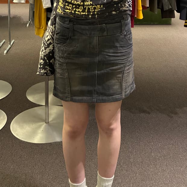 M)Japanese vintage 자수 벨티드 흑청 미니스커트