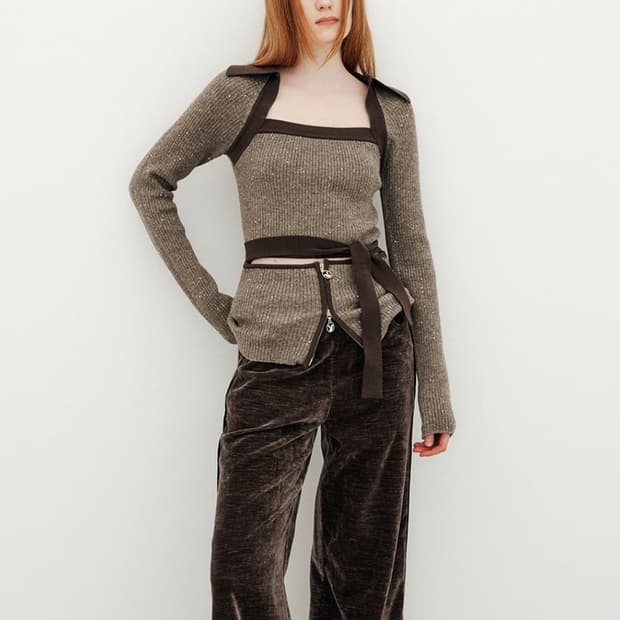YUSE GLITTER CUT OUT STRAP KNIT BROWN