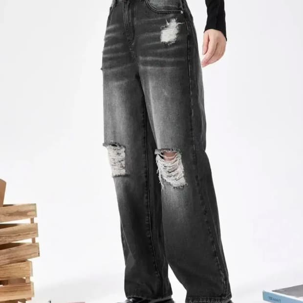 CIDER 샵사이다 블랙 데미지 워싱 와이드 데님 팬츠