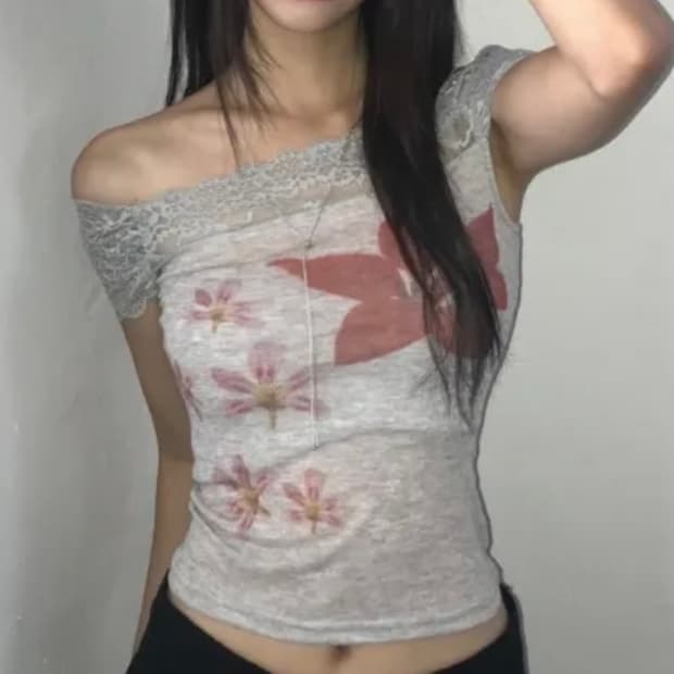 에이블리 플라워 레이스 반팔티