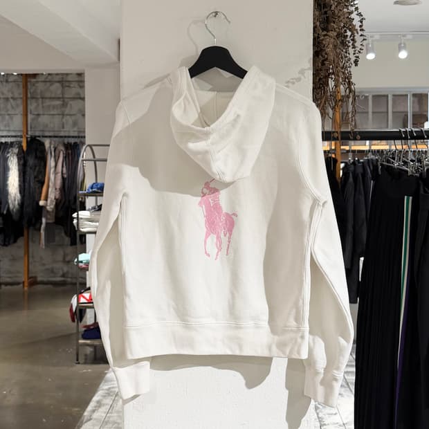 랄프로렌 화이트 핑크포니 백 프린팅 후드집업