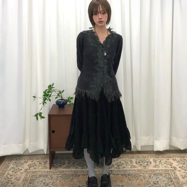 Yayoituu 빈티지 레이스 플리츠 스커트