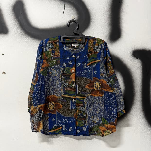 VTG 빈티지 에스닉 패턴 블루톤 논카라 긴팔 셔츠 블라우스 자켓
