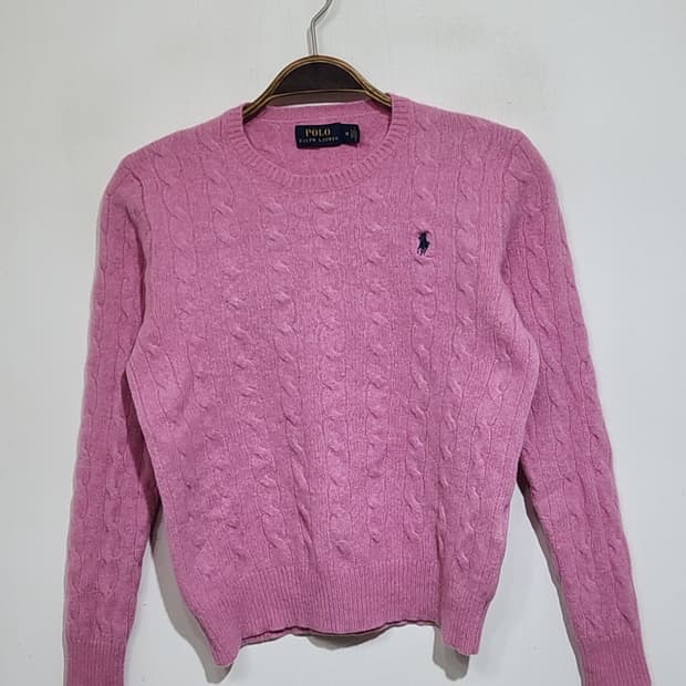 (S) 랄프로렌 폴로 꽈배기 니트 핑크 울 캐시미어 케이블 스웨터 