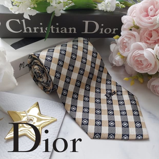 크리스찬 디올 넥타이 베이지 체크 패턴 9.5cm A등급 K2174
