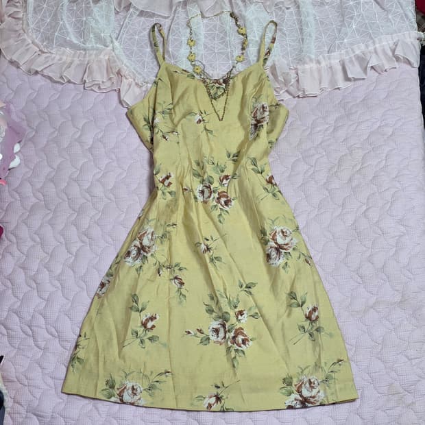 레스트로즈 고전일본빈티지)옐로우 플로럴로즈 스즈코모리걸 민소매뷔스티원피스