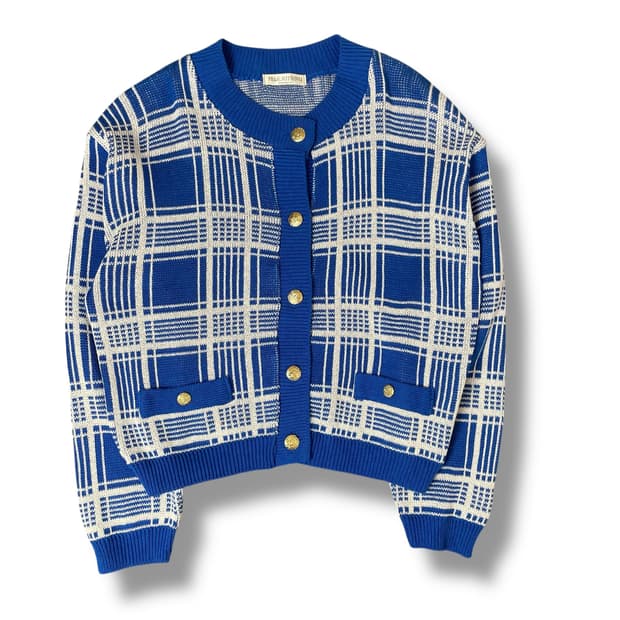 PELEJUTIENU 블루 화이트 체크 금장 가디건