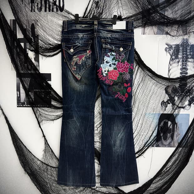 00s punk patch detailed bootscut jeans