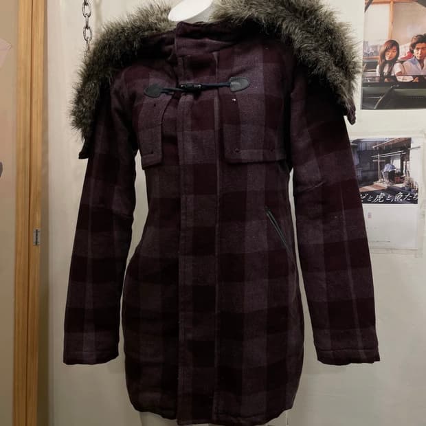 디젤 지퍼 후드 체크패턴 딥 퍼플 코트