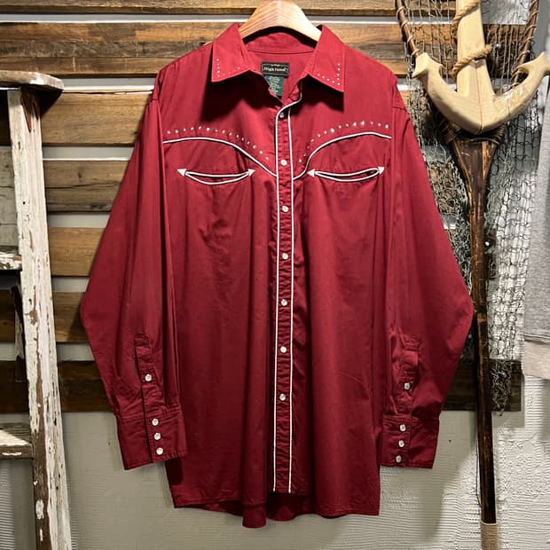 [XL]90's USA 빈티지 비즈 디테일 버튼다운 레드 웨스턴 셔츠