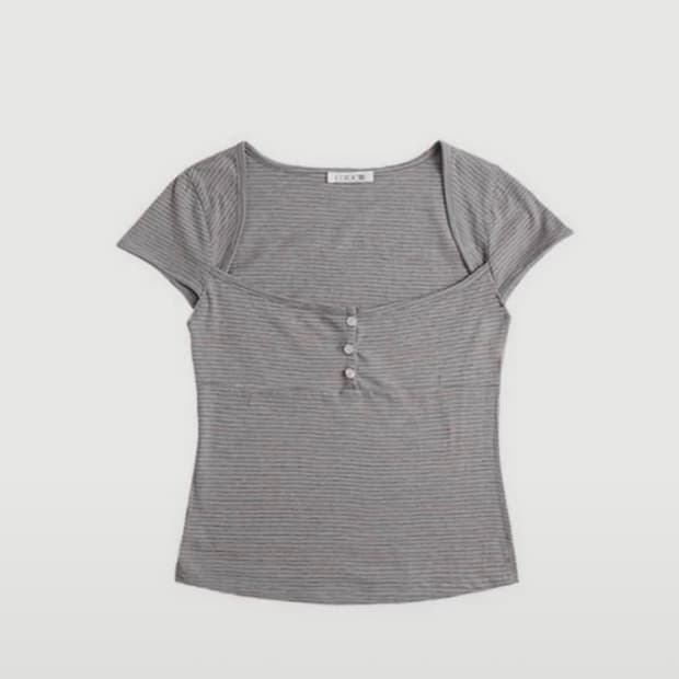 BUTTON LEAF SQUARE T-SHIRT CANDY STRIPE