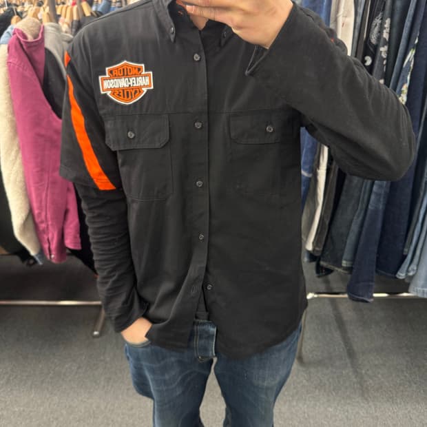 OS)할리데이비슨 빈티지 로고 자수 반팔셔츠