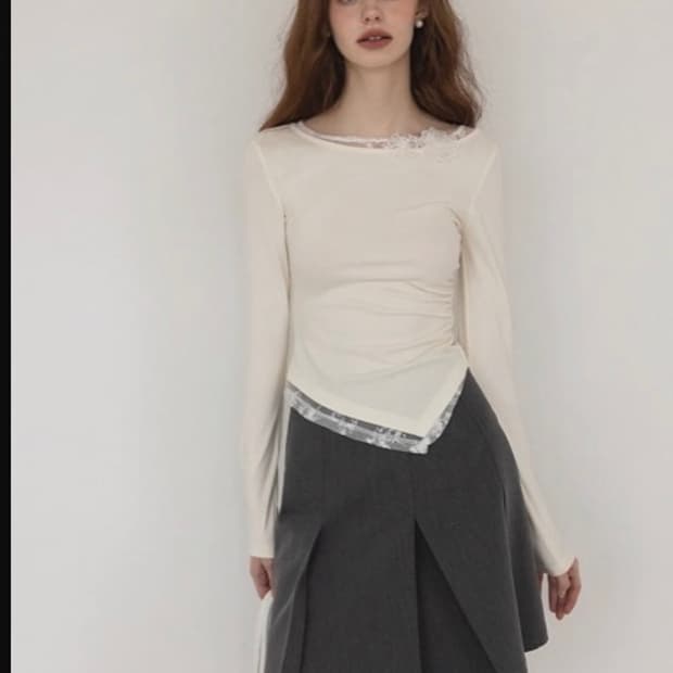 EGGKA 플라워 레이스 레이어드 티셔츠(Apricot,M)